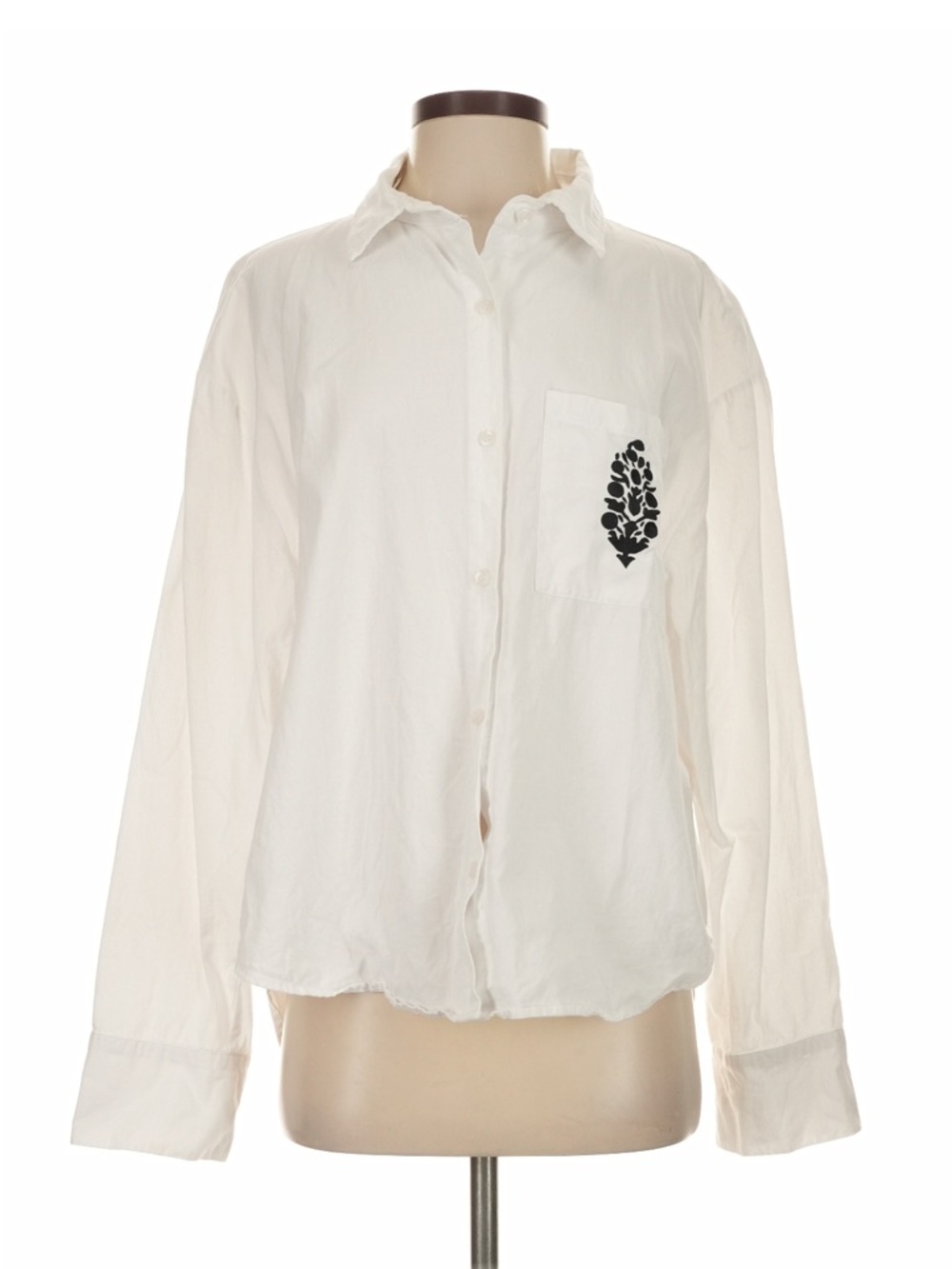 FP MOVEMENT WHITE BUTTON DOWN COTTON LONG SLEEVR BLOUSE EMBROIDERED BUTI LOGO